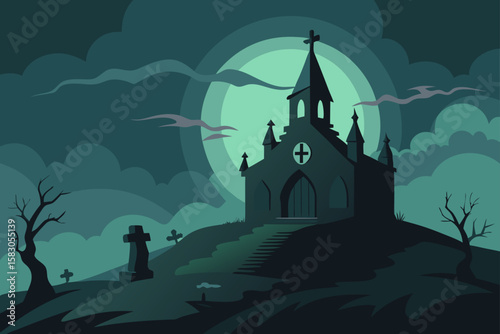 Spooky haunted church with graveyard and bats under a Halloween moon illustration