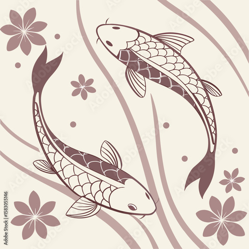 Elegant koi fish illustration with flowing lines and floral accents for asian inspired design