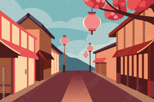A lone girl navigates an urban street, a tree offering a touch of nature amidst the towering city architecture and buildings