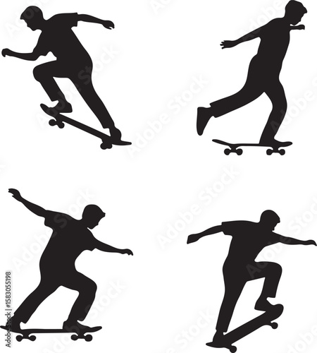 Skateboarder silhouette set, skateboarder performing tricks and jumps, skateboarder collection silhouette logo vector illustration