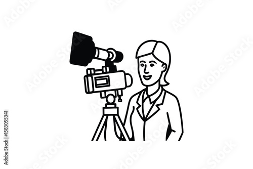 Female Reporter with Television Camera on Tripod Ready to Film a Story in Silhouette Style silhouette woman reporter television camera This image