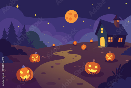 Spooky Halloween night with pumpkins, bats, and a scary moonlit tree silhouette for an autumn holiday celebration