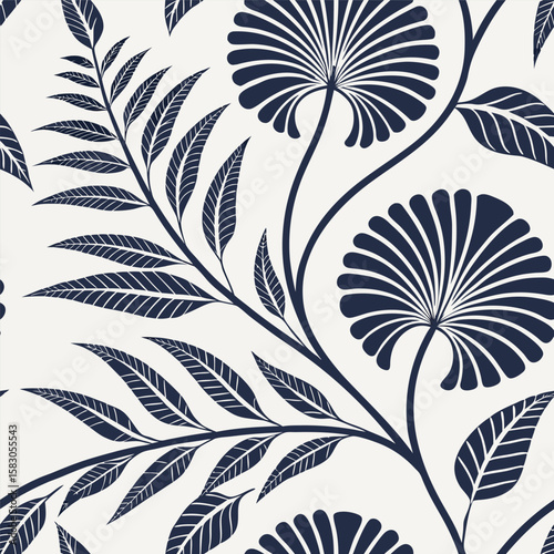 Elegant navy botanical pattern seamless repeat of stylized leaves and floral elements