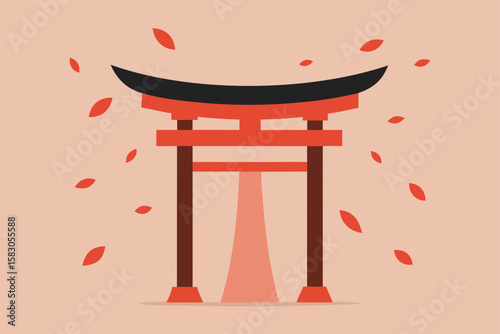 Vector illustration of an antique Japanese pagoda, temple, and lantern with a traditional wooden table, chair, and gate