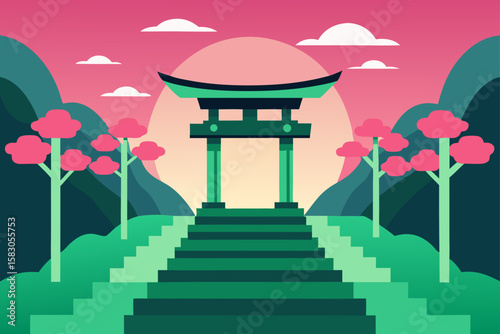 Ancient Japanese temple architecture nestled in a serene garden landscape with a pagoda tower under the sky