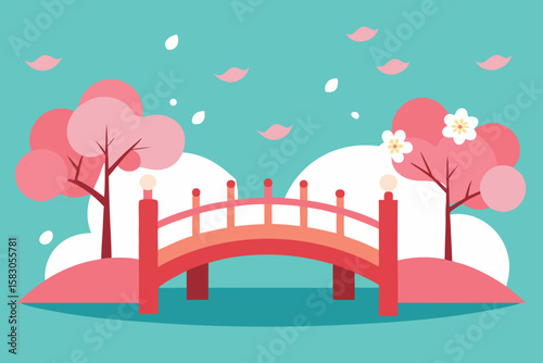 Romantic vector illustration of a green urban landscape with trees, buildings, and a cloudy sky