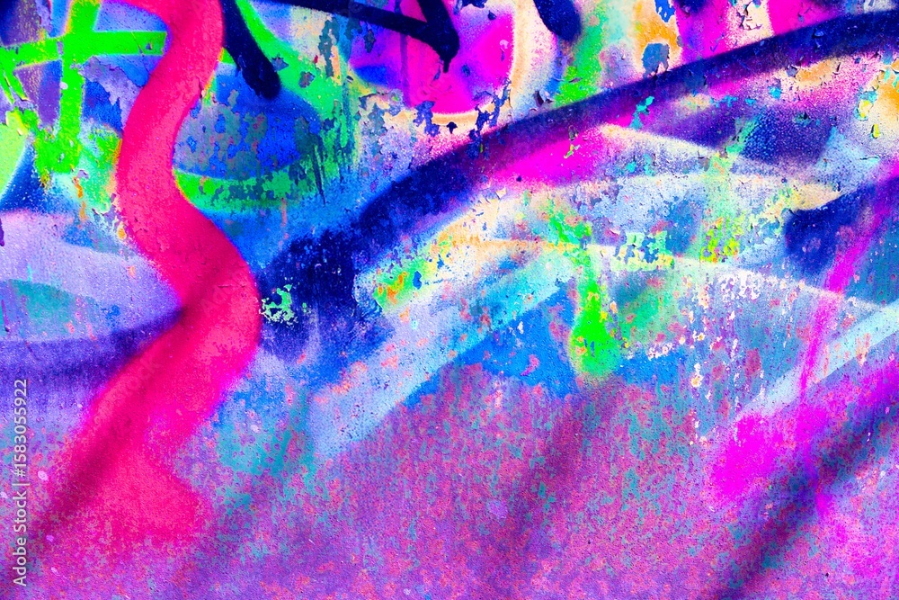 Fototapeta premium Neon graffiti art with vibrant pink, blue, green colors. Retro 80s street style, trippy, funky paint textures. Urban backgrounds, creative murals, digital art, modern 90s summer visuals.