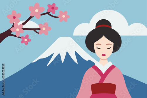 Japanese girl in traditional red kimono with flower in hair, cartoon vector illustration