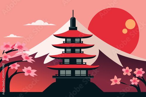 Japanese pagoda with cherry blossoms and a festive Christmas tree vector illustration, a winter holiday design