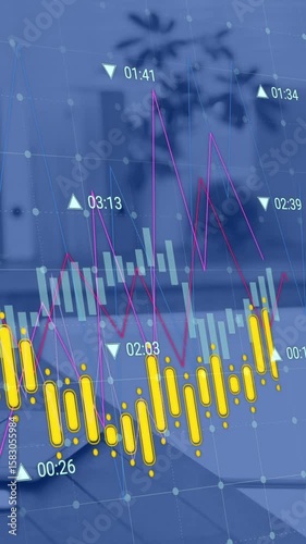 Animation of statistical data processing against smartphone, laptop and coffee cup on office desk