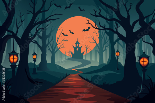 Spooky Halloween night landscape with a full moon, silhouetted trees, flying bats, and a scary pumpkin