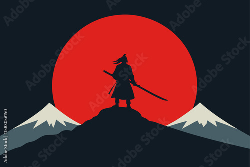 A black silhouette of a witch in a red dress with a sword flying on a broom across the moonlit sky over dark mountains