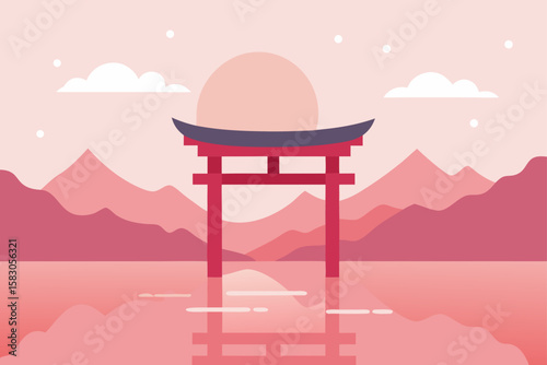 Vector illustration of a Japanese pagoda and temple, with elements of nature, a chair, and a table under a clear sky design