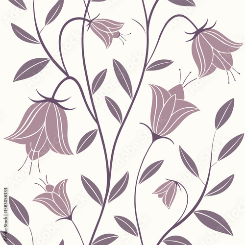 Elegant seamless floral pattern with purple bell flowers and leaves on a cream background