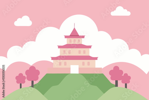Vector illustration of an ancient Chinese temple in a serene landscape with a pagoda and trees under a vast sky, blending history and nature