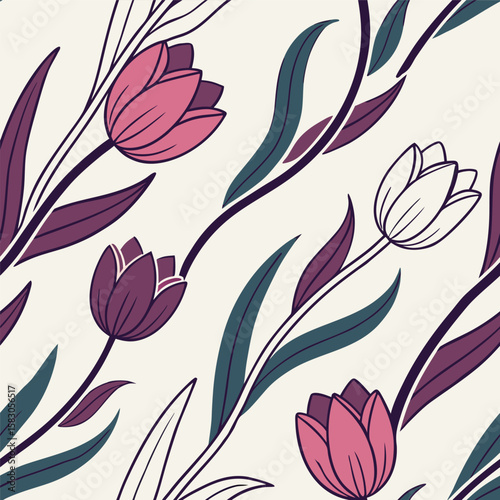 Elegant seamless pattern featuring stylized tulips and foliage in a sophisticated color palette