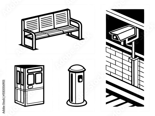 Public space amenities including a bench ticket machine trash can and security camera