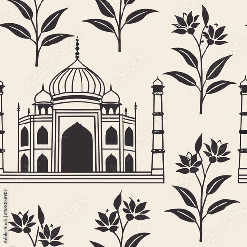 Elegant seamless pattern of taj mahal and floral elements in monochrome design