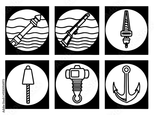 Nautical icons featuring marine equipment and symbols