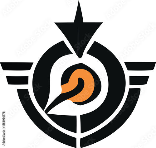 Modern abstract logo design featuring concentric circles wings and an orange stylized element symbolizing innovation and forward momentum
