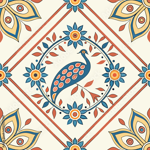 Elegant seamless pattern with peacock and floral design featuring ornate decorative elements