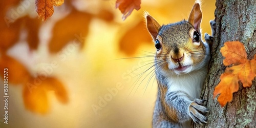 Squirrel peeking out from behind an oak tree in a natural autumn background, perfect for wildlife and nature themed designs Generative AI