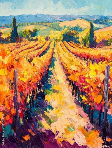 Vibrant Autumn Vineyard Landscape with Rich Textured Brushstrokes, perfect for travel or wine industry promotional materials Generative AI