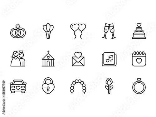 Wedding Icon Set: This graphic icon set embodies love and commitment, showcasing various symbols related to weddings and marriage, a celebration of two souls joining as one.
