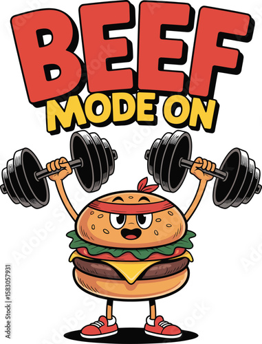 Funny cartoon burger character lifting weights with beef mode on text Vector Graphic T Shirt Design