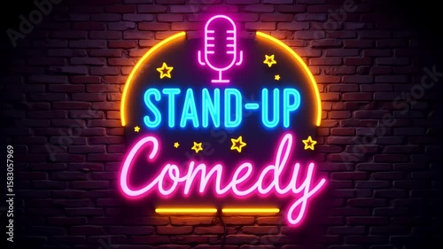 Stand up comedy show neon light sign on brick wall background entertainment and performance night 100