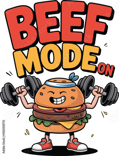Funny cartoon burger character in beef mode lifting weights with dumbbells Vector Graphic T Shirt Design