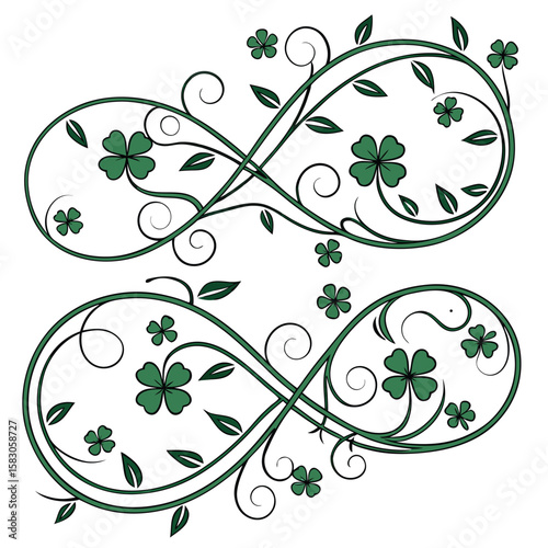 Elegant vector illustration of two green shamrock infinity symbols with decorative foliage