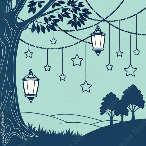 Enchanting scene of lanterns hanging from a tree with star decorations in a calm landscape.