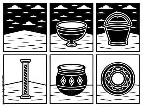 Stylized black and white illustrations of ancient artifacts and landscapes