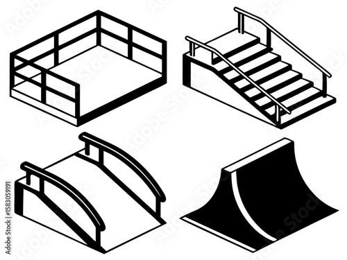 Isometric vector icons of skatepark elements and stairs