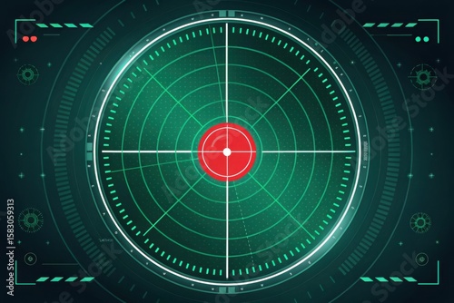 High-Tech Radar Display with Green Grids and Centering Target Point