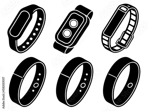 Collection of six black and white isometric fitness tracker icons