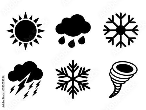 Collection of six black and white weather icons on a white background