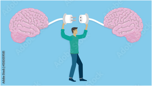 Man connecting two brains with cable. Dimension 16:9. Vector illustration.