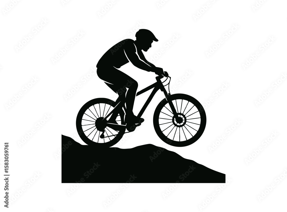 Obraz premium Mountain biker riding downhill on a trail silhouette isolated on transparent background