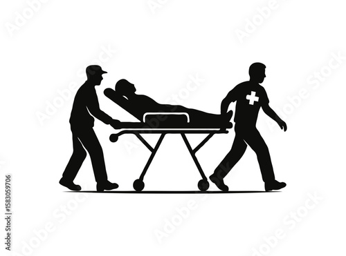 Medical professionals transporting patient on stretcher silhouette isolated on transparent background