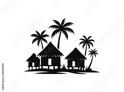 Tropical huts and palm trees silhouette isolated on transparent background