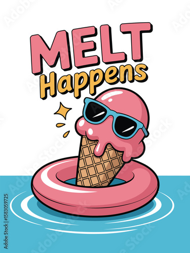 Funny melting ice cream cone wearing sunglasses floats in a pink inflatable ring on water Vector Graphic T Shirt Design
