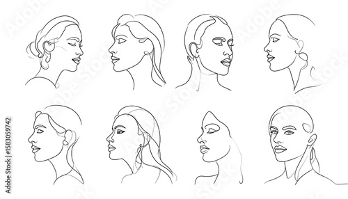 Profile view illustrations of women's faces, continuous line style