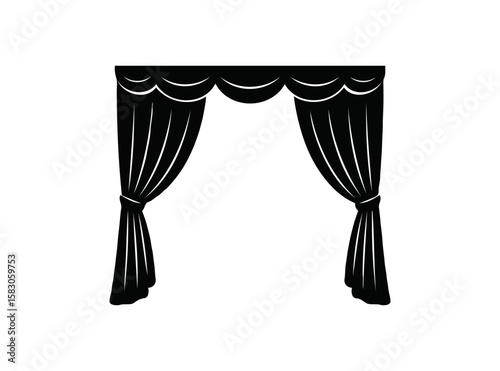 Elegant black theater curtains parted revealing a stage silhouette isolated on transparent background