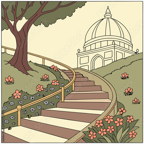 Hand drawn illustration of a park with steps leading up to a building on a summer day