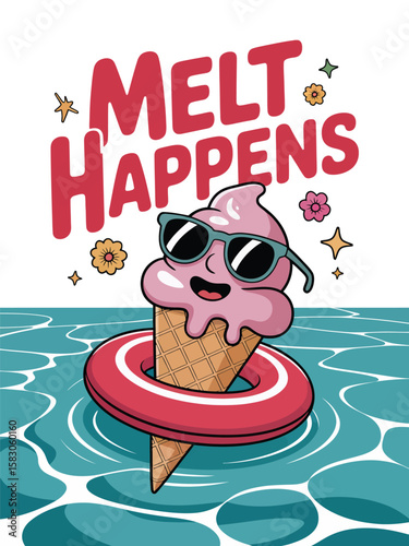 Funny melting ice cream cone with sunglasses floats in water on a summer day Vector Graphic T Shirt Design