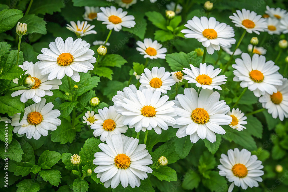 Fototapeta premium A lush display of white daisies with bright yellow centers fills the frame, their delicate petals radiating outward in perfect symmetry.