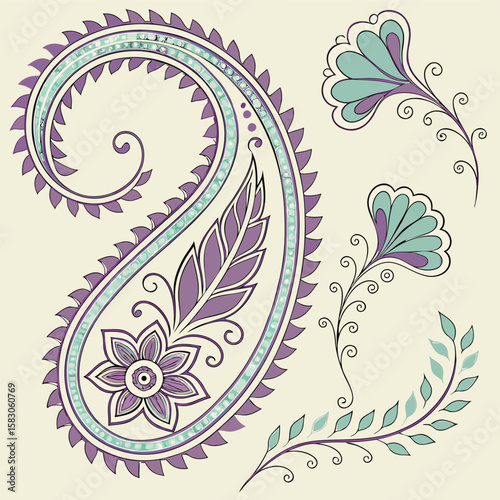 Intricate paisley design with floral accents in soft purple and teal on a white background