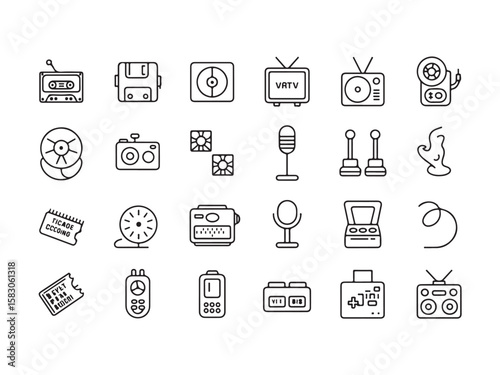 Nostalgic Technological Artifacts: A collection of minimalist line art icons representing classic and vintage tech gadgets, each a window into a bygone era of innovation and design.